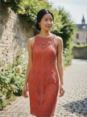 Sue Wong Crochet Sheath Dress in peachy orange